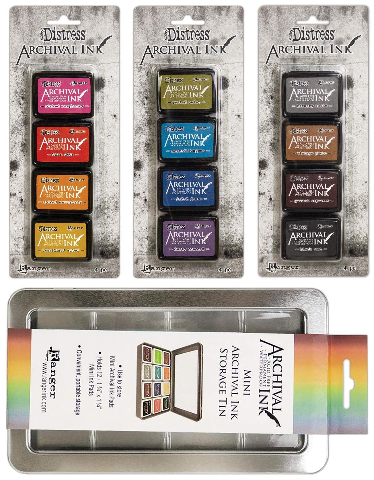 Tim Holtz Distress Archival Mini Ink Kit 1, Kit 2, Kit 3 and Storage Tin - 4 Item Bundle