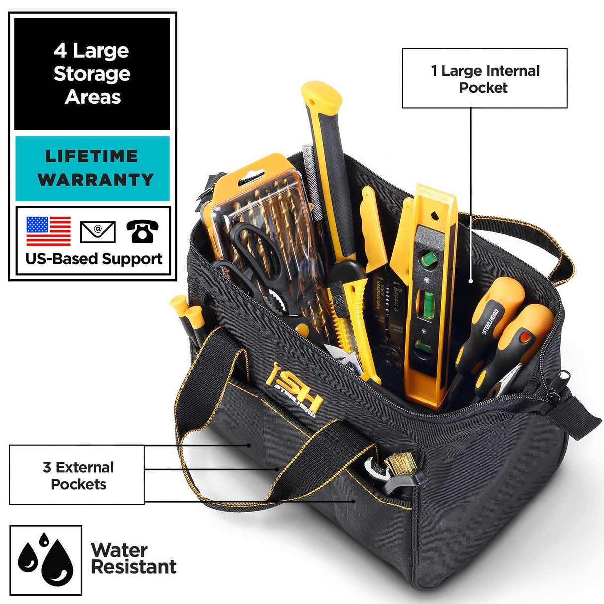 STEELHEAD 12-Inch Wide Mouth Tool Bag & Organizer, Reinforced Bottom, 4 Pockets, Water-Resistant, Heavy-Duty Zipper, Quick-Access Tool Attachment, Jobsite Ready: Electricians, Plumbers, Contractors