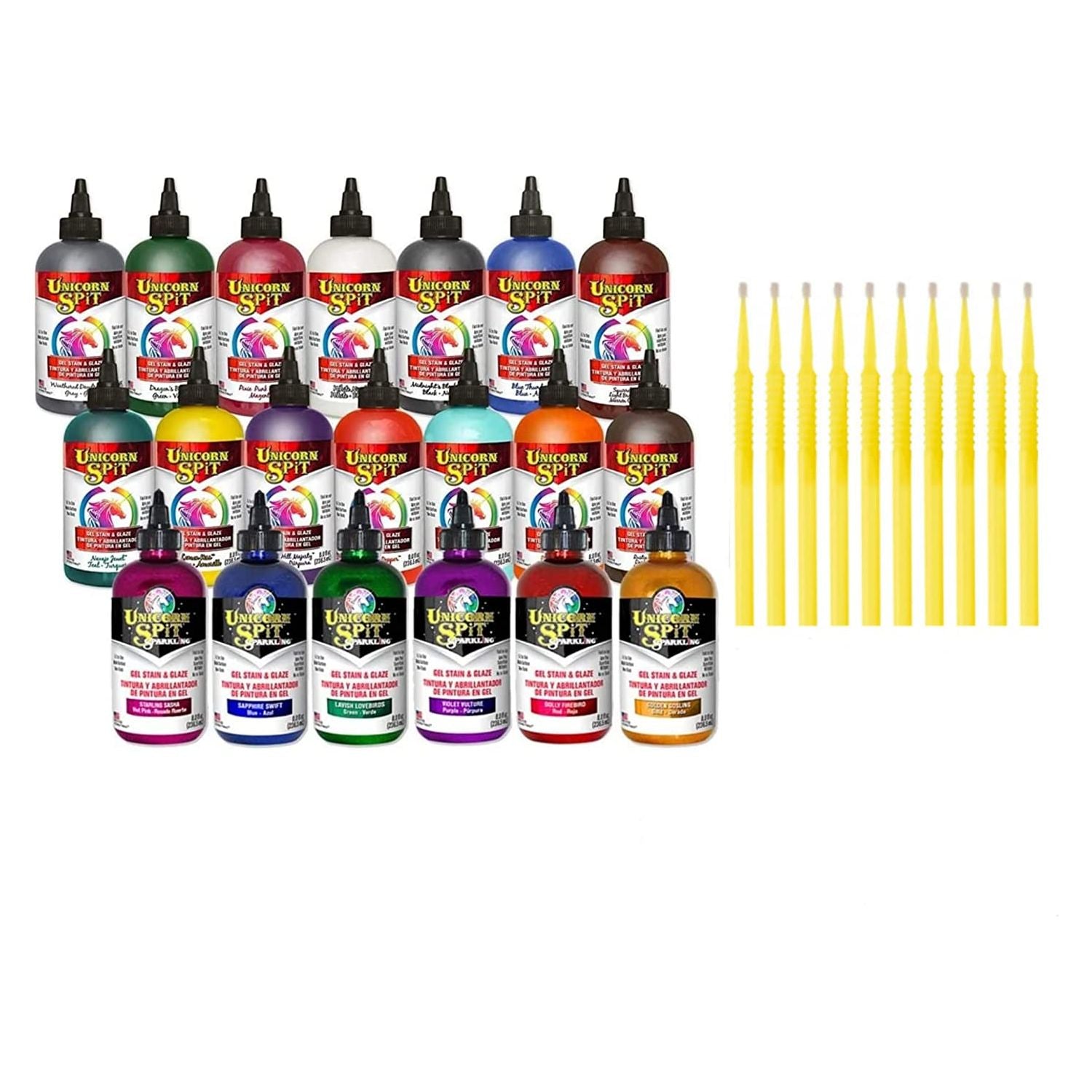 Unicorn SPiT Gel Stain & Glaze in One - 20 Complete Original & Sparkle Paint Collection with 10 TreBBies Fine Detail Sticks (8oz, 20 Complete Original & Sparkle Paint Collection)