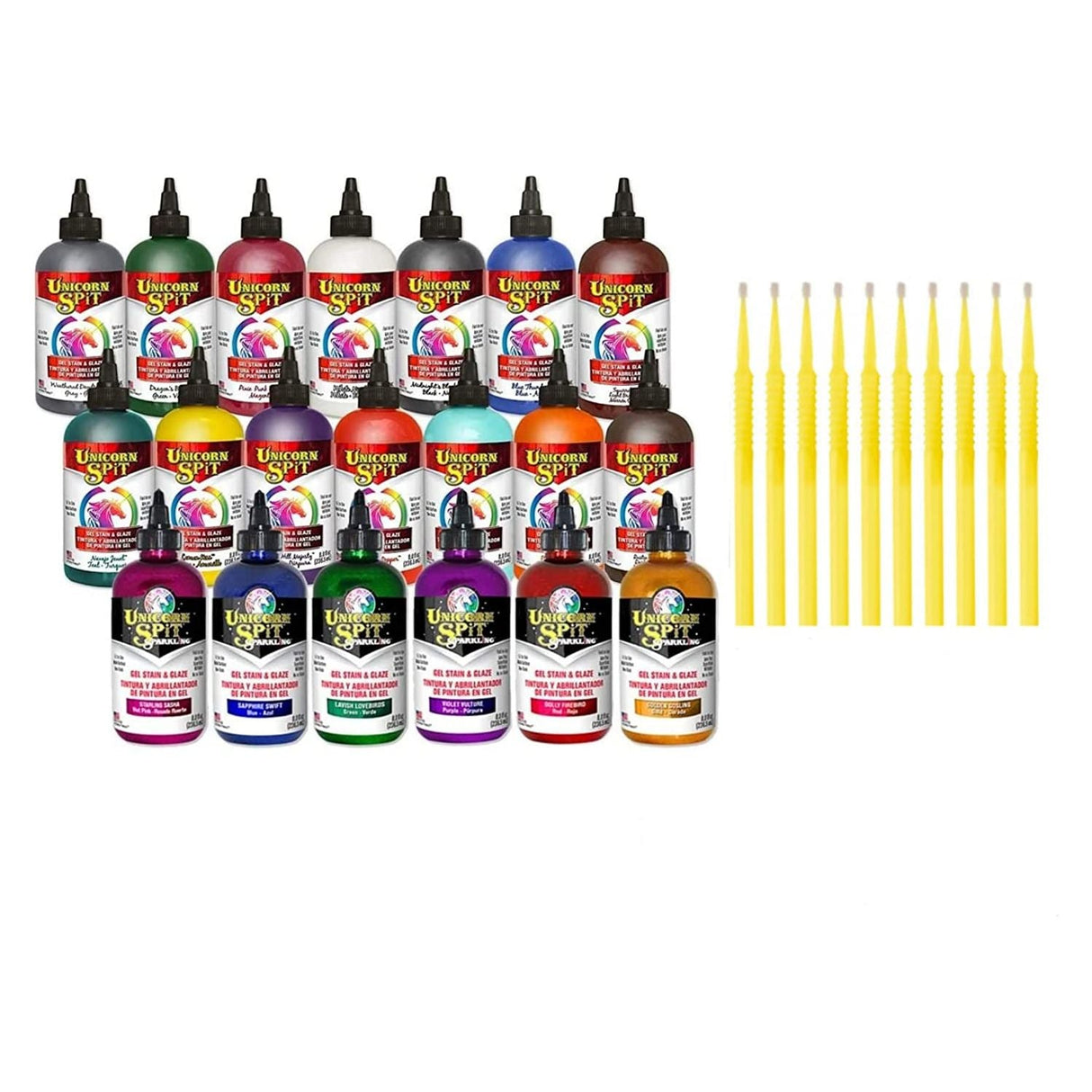 Unicorn SPiT Gel Stain & Glaze in One - 20 Complete Original & Sparkle Paint Collection with 10 TreBBies Fine Detail Sticks (8oz, 20 Complete Original & Sparkle Paint Collection)
