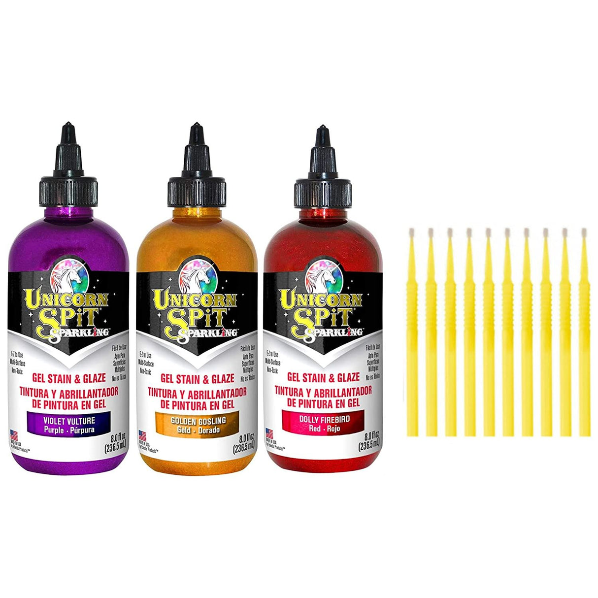 Unicorn SPiT Gel Stain & Glaze in One - Sunset Sparkle Collection - Violet Vulture, Dolly Firebird, & Golden Gosling 8oz Bottles with 10 TreBBies Fine Detail Sticks