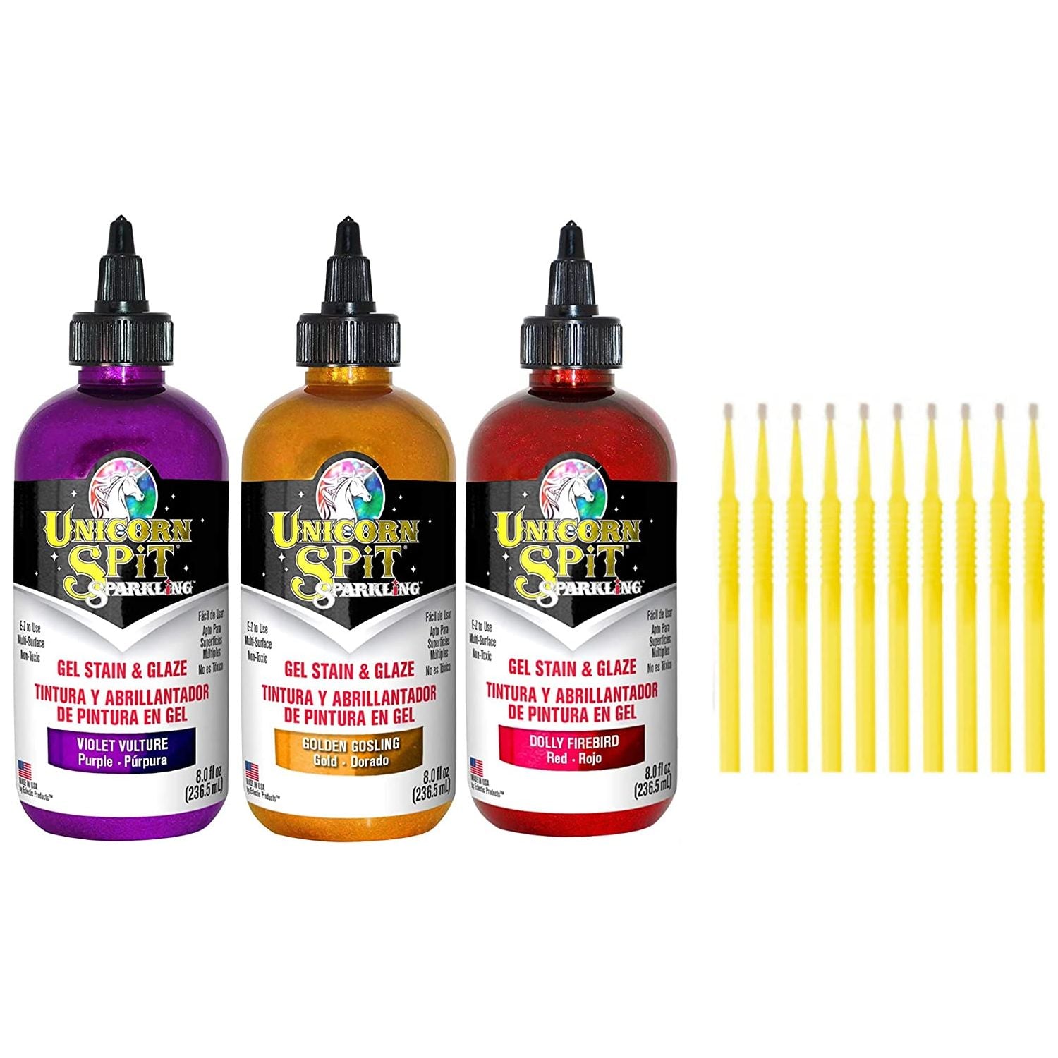 Unicorn SPiT Gel Stain & Glaze in One - Sunset Sparkle Collection - Violet Vulture, Dolly Firebird, & Golden Gosling 8oz Bottles with 10 TreBBies Fine Detail Sticks