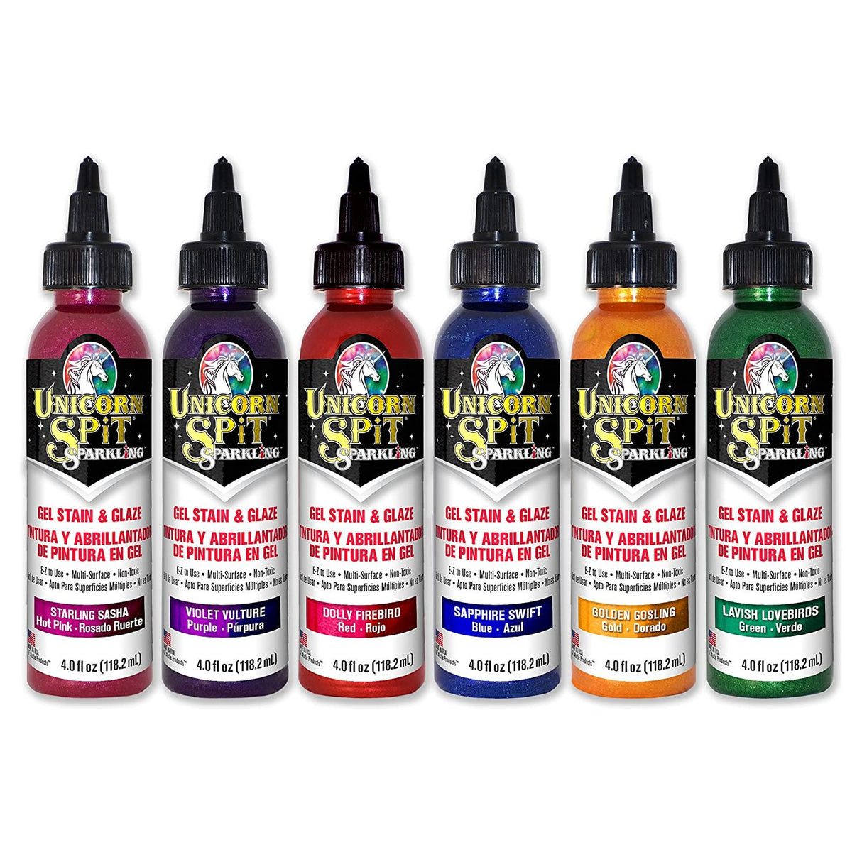 Unicorn SPiT Sparkling - Gel Stain & Glaze - 4oz Sparkle Collection - Dolly Firebird, Golden Gosling, Lavish Lovebirds, Sapphire Swift, Starling Sasha, Violet Vulture