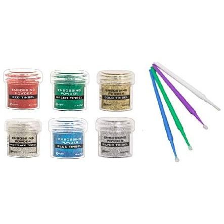 Cardmaking: Tinsel Heat Embossing - Ranger Glitter Tinsel Embossing Powders - 6 Item Bundle Gold, Silver, Red, Blue, Green, Snowflake