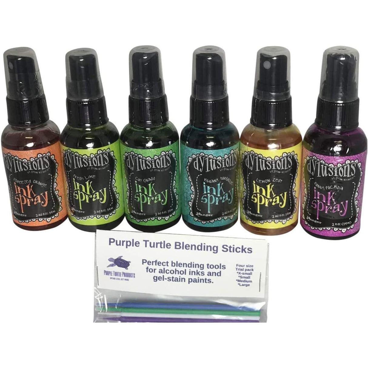 Ranger Dylusions Ink Spray Bundle with Bonus Purple Turtle Blending Sticks (New Fall 2019 Bundle - Blue Lagoon, Balmy Night, Desert Sand, Fiery Sunset, Island Parrot, Pink Flamingo)