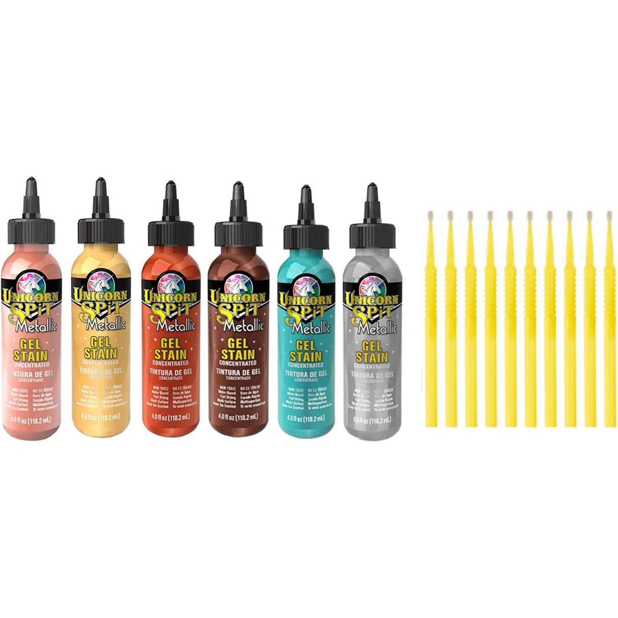 Unicorn SPiT Gel Stain & Glaze in One - 4oz Metallic Collection - Aphrodite RoseGold, Zeus Gold, Athena Copper, Hephaestus Bronze, Poseidon Patina & MercuryDeep Silver + 10 TreBBies Fine Detail Sticks