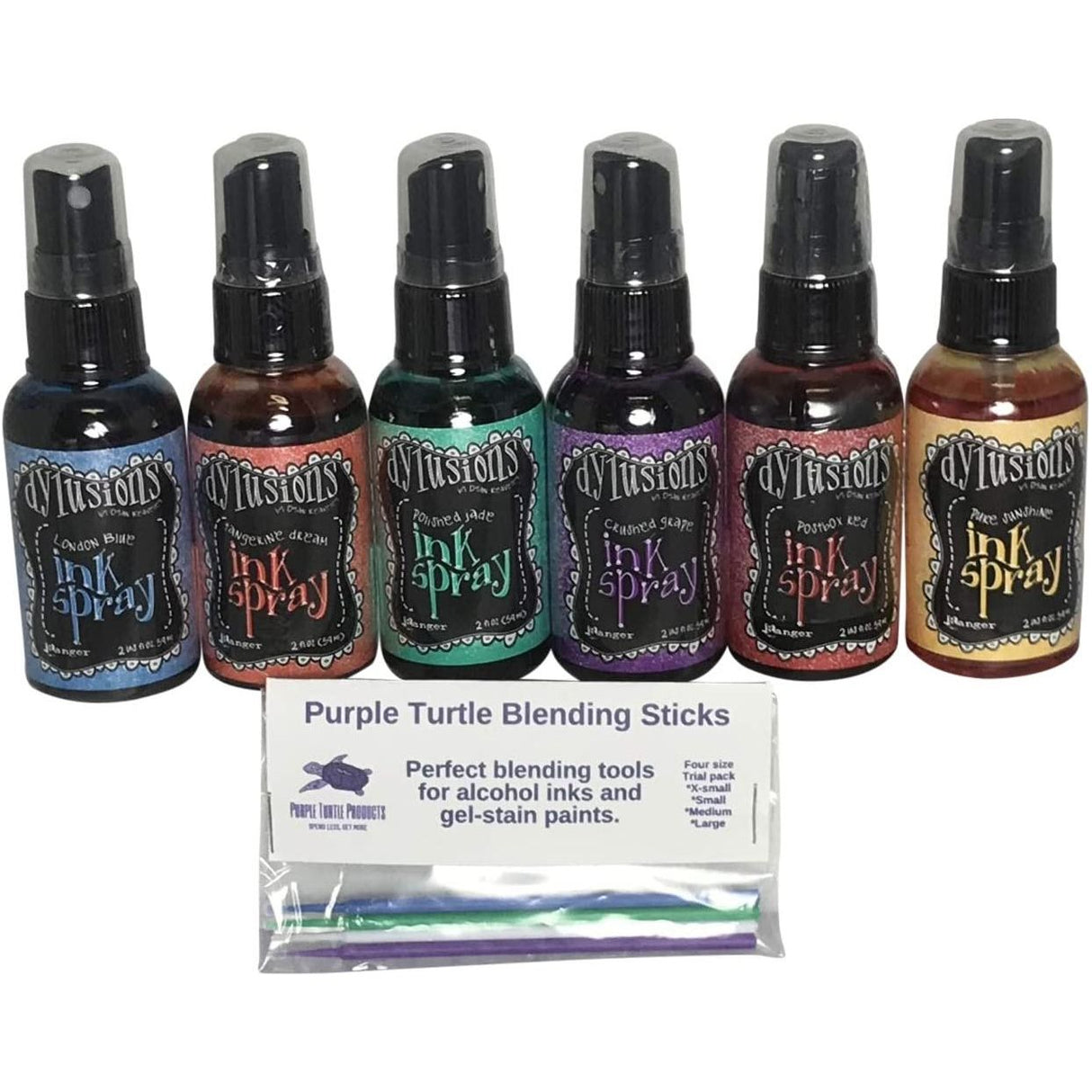 Ranger Dylusions Ink Spray Bundle with Bonus Purple Turtle Blending Sticks (New Fall 2019 Bundle - Blue Lagoon, Balmy Night, Desert Sand, Fiery Sunset, Island Parrot, Pink Flamingo)