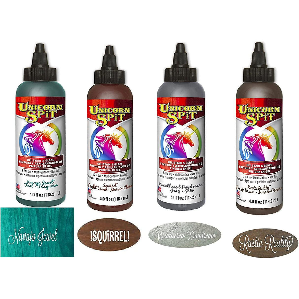 Unicorn SPiT Gel Stain and Paint New Color Fall 2017 Complete Collection - Squirrel, Navajo Jewel, Weathered Daydream, and Rustic Reality 4 oz Bottles