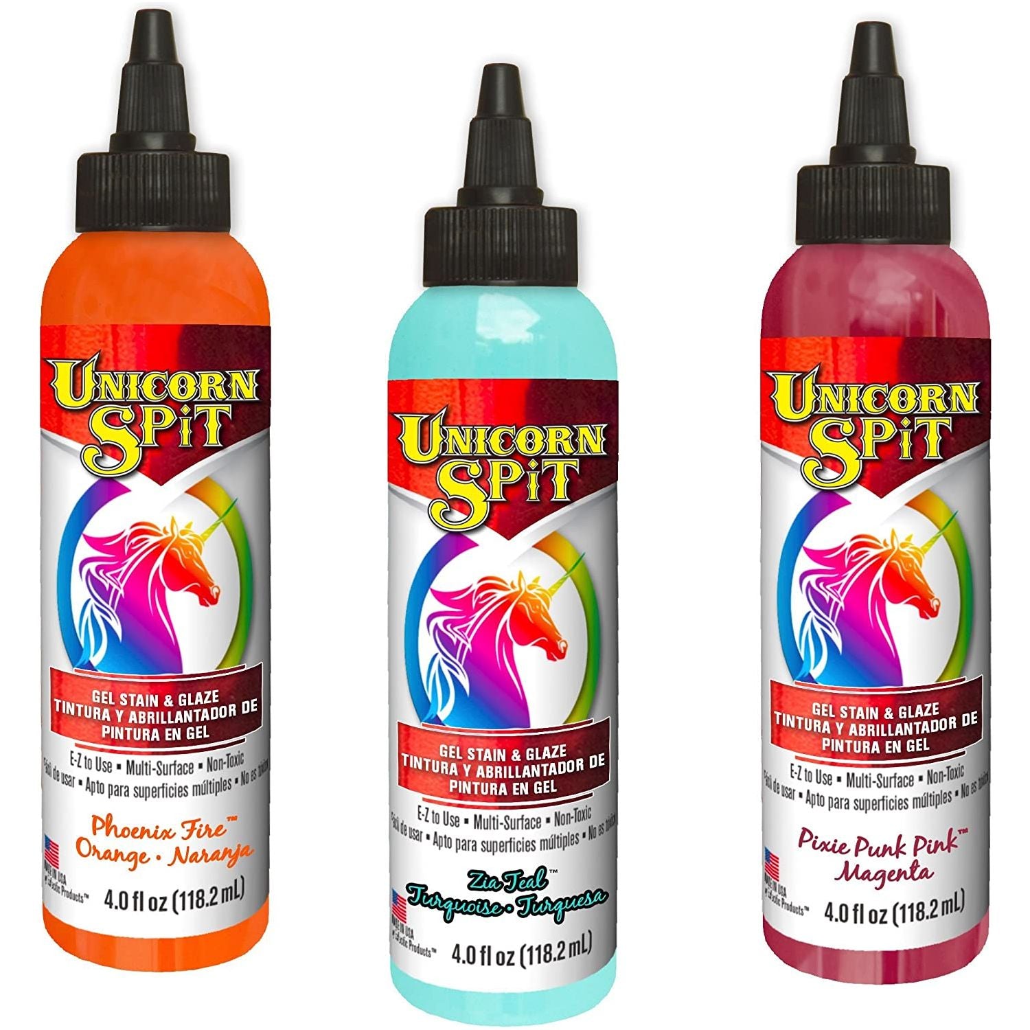 Unicorn Spit - Gel Stain & Glaze Paint in One, Phoenix Fire, Pixie Punk Pink and Zia Teal, 4 oz