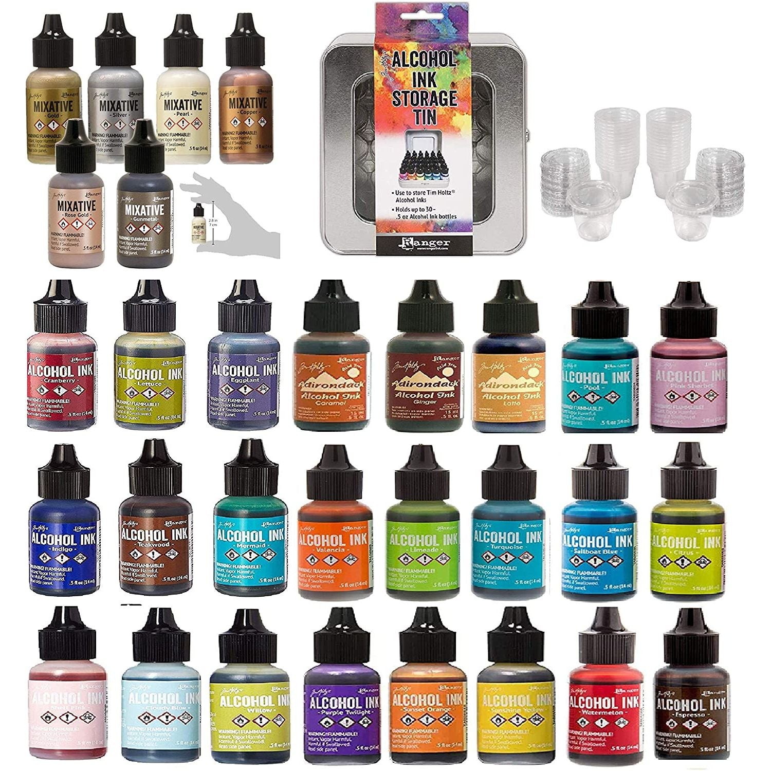 Ranger Tim Holtz Bundle Alcohol Ink x 24 Colors Metallic Mixatives 6 Colors and Craft Mixing Cups