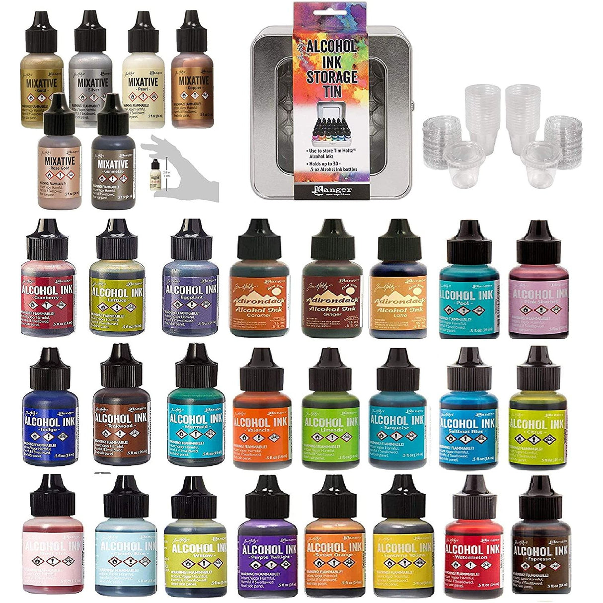 Ranger Tim Holtz Bundle Alcohol Ink x 24 Colors Metallic Mixatives 6 Colors and Craft Mixing Cups