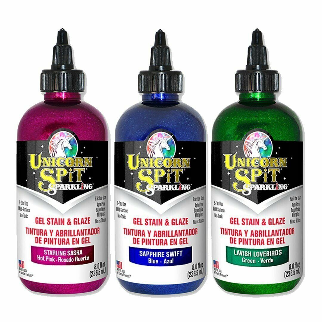 Unicorn SPiT Sparkling - Gel Stain & Glaze - 8oz Galaxy Sparkle Collection - Starling Sasha, Sapphire Swift, Lavish Lovebirds