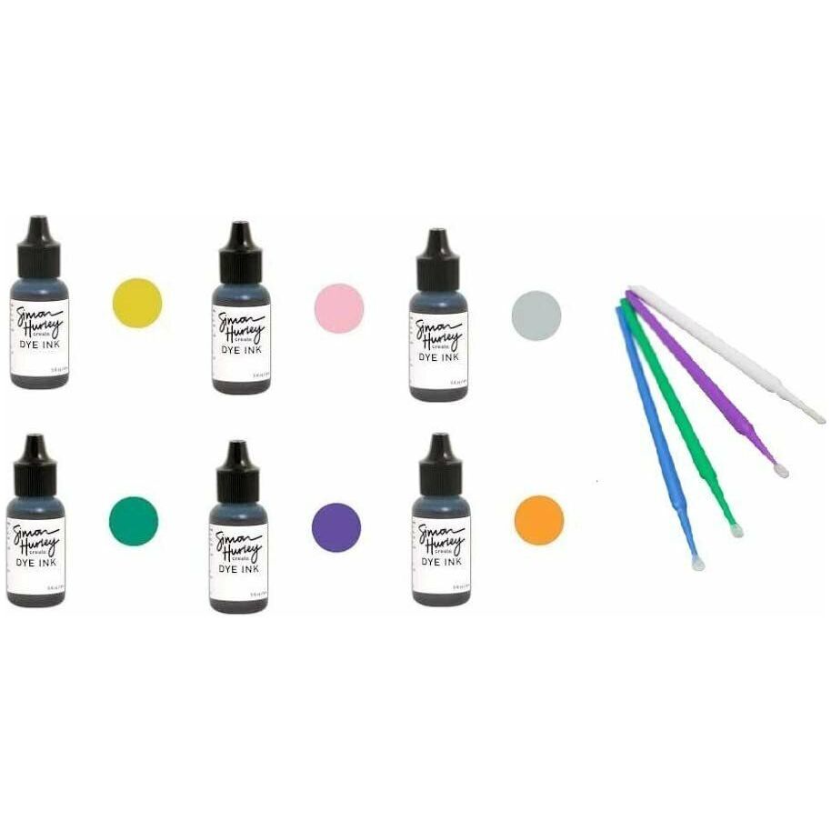 Ranger Simon Hurley Bundle - 6 Dye Ink Reinker Collection (Minty Fresh, Piggyback, Guppy, Crown Me, Tropical Tango, Sike!) with PTP Flash Deals Blending Sticks