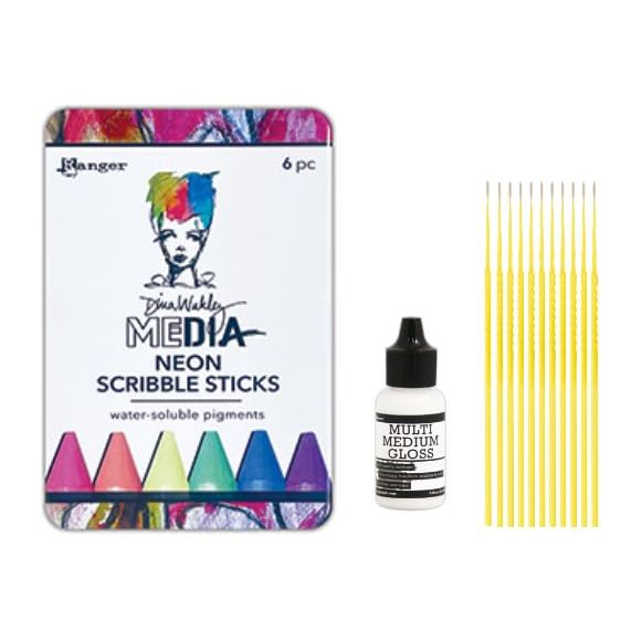 Trebbies Neon Scribble Sticks Bundle - Dina Wakly Media Neon Scribble Sticks 4 with Multi Medium Gloss Fine Detail Sticks
