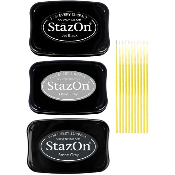 StazOn Multi-Surface Bundle - 3 Pk StazOn Solvent Ink Pads with Trebbies Detail Sticks (Jet Black, Timber Brown, Saddle Brown)