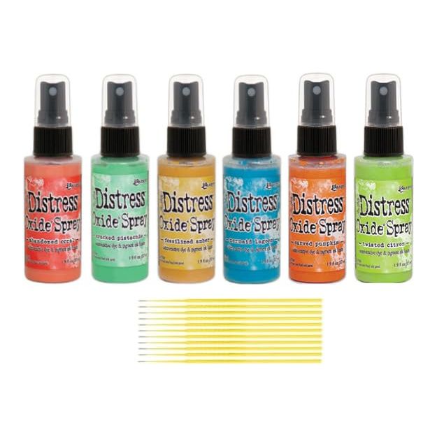 Trebbies Distress Oxide Spray Bundle - Mermaid Lagoon, Twisted Citron, Cracked Pistachio, Abandoned Coral, Carved Pumpkin, Fossiled Amber plus Detail Sticks