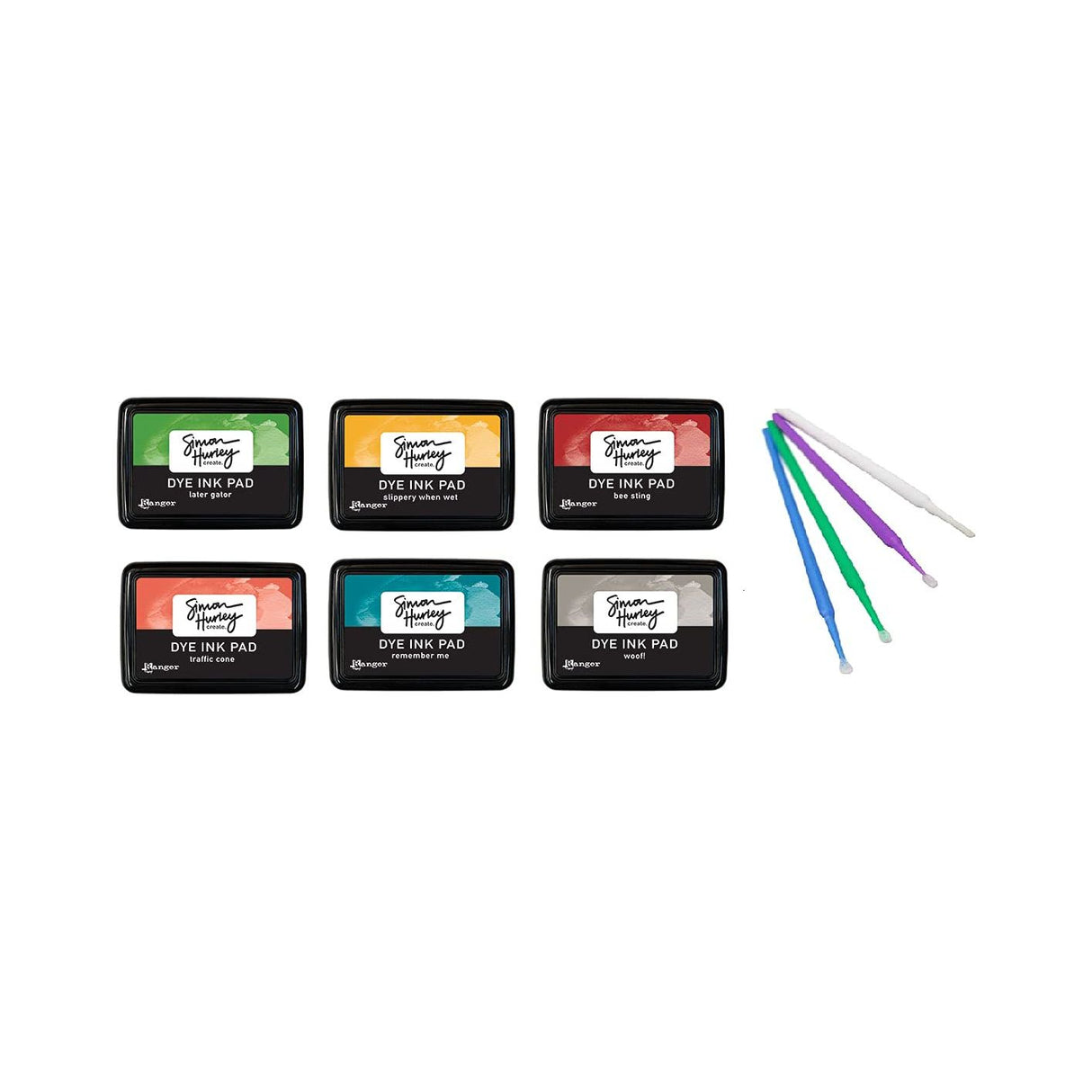 Ranger Simon Hurley Bundle - 6 Dye Ink Pad Collection with PTP Flash Deals Detail Sticks (Traffic Cone, Bee Sting, Woof!, Slippery When Wet, Later Gator, Remember Me)