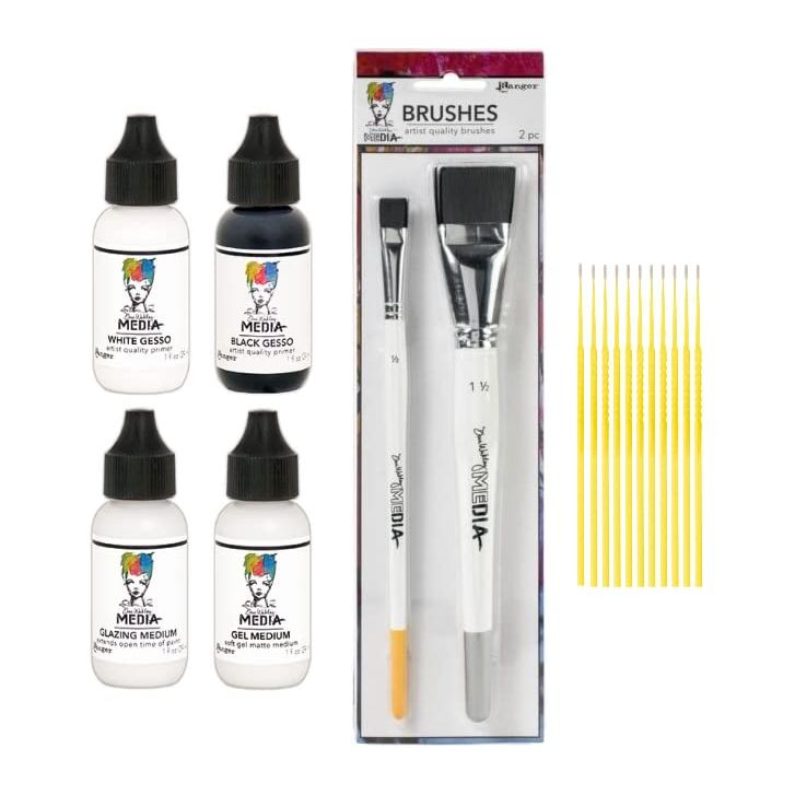 PTP Flash Deals Ranger Media Paint Bundle - Dina Wakley Media White Gesso, Black Gesso, Gel Medium, Glazing Medium, 2 pc. Brush Set Blending Sticks