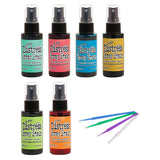 Tim Holtz - Distress Brights Spray Stain - Mermaid Lagoon, Twisted Citron, Cracked Pistachio, Abandoned Coral, Carved Pumpkin, Fossilized Amber - with Exclusive Purple Turtle Detail Sticks