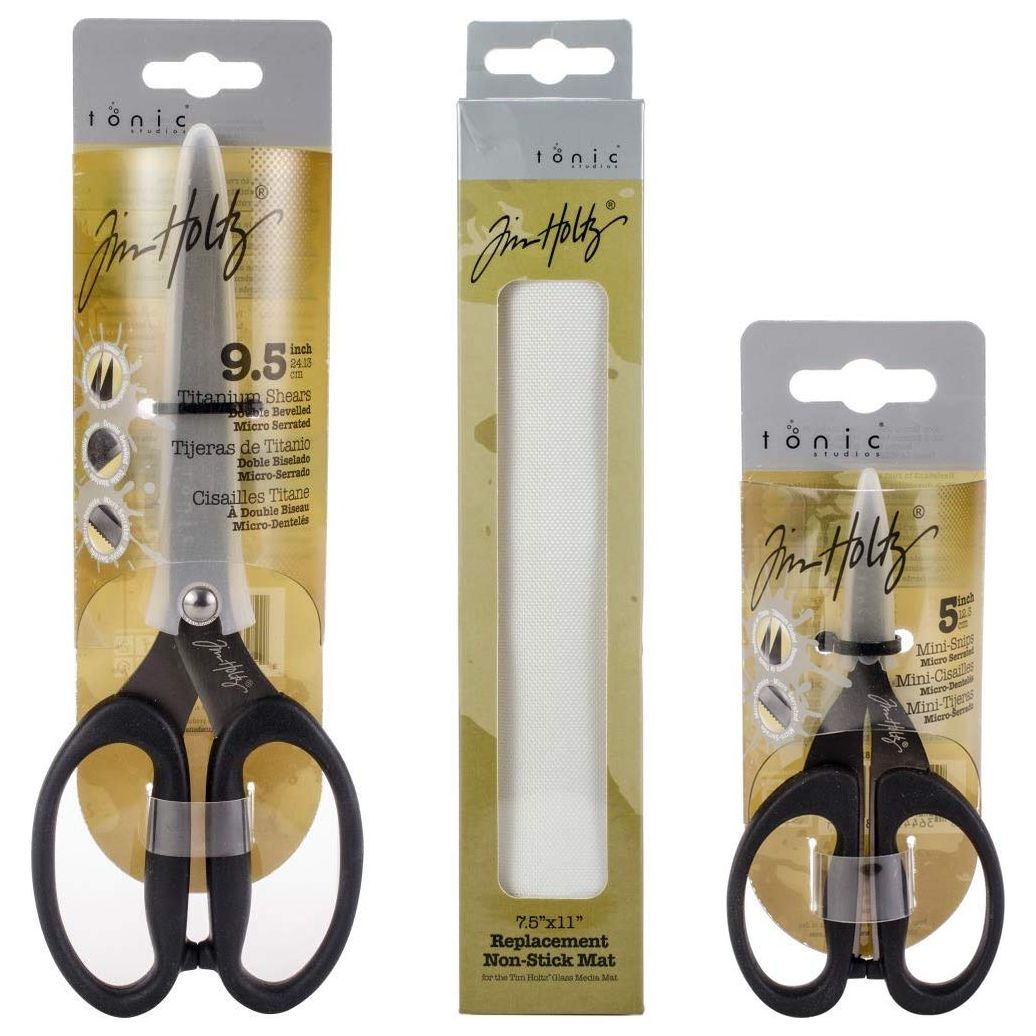 Tim Holtz Tonic Studios 2018 Tools - Replacement Non-Stick Mat & Scissors Duo - 9.5" Shears and 5" Mini Snips - Bundle of 3 Items