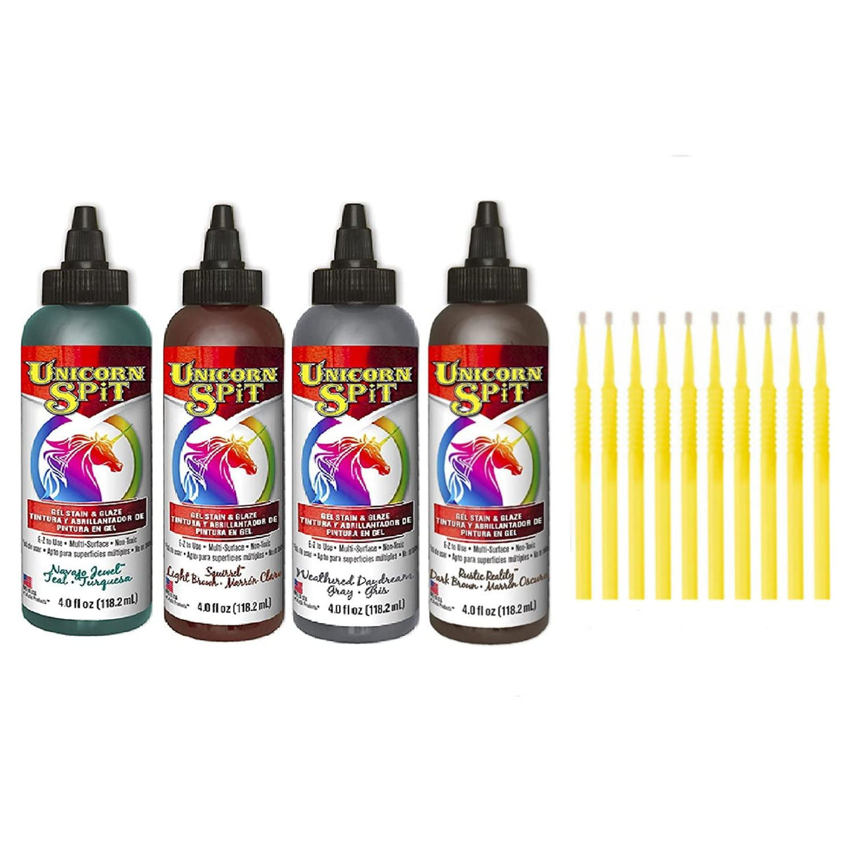 Unicorn SPiT Gel Stain & Glaze in One - Fall 2017 Complete Collection - Squirrel, Navajo Jewel, Weathered Daydream, & Rustic Reality 4oz Bottles with 10 TreBBies Fine Detail Sticks
