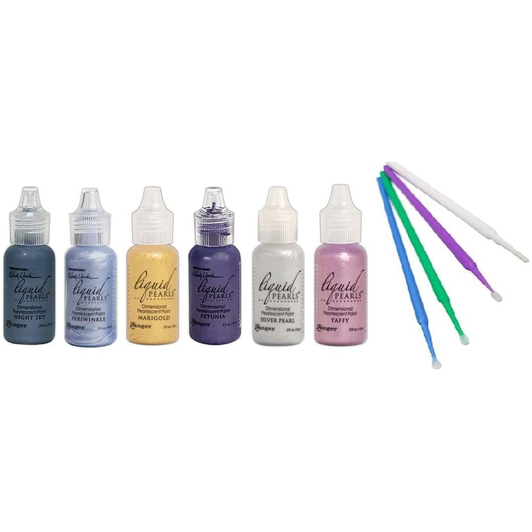 Ranger Liquid Pearls Bundle - 6 Liquid Pearls with PTP Flash Deals Blending Sticks (BRILLIANT: Night Sky, Petunia, Marigold, Periwinkle, Taffy, Silver)