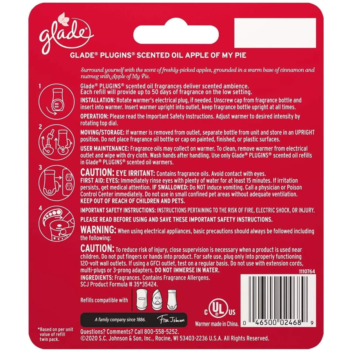 Glade Plugins Scented Oil Refill - Apple of My Pie - 1 Count Refill & 1 Count Oil Warmer Per Package - Pack of 2 Packages