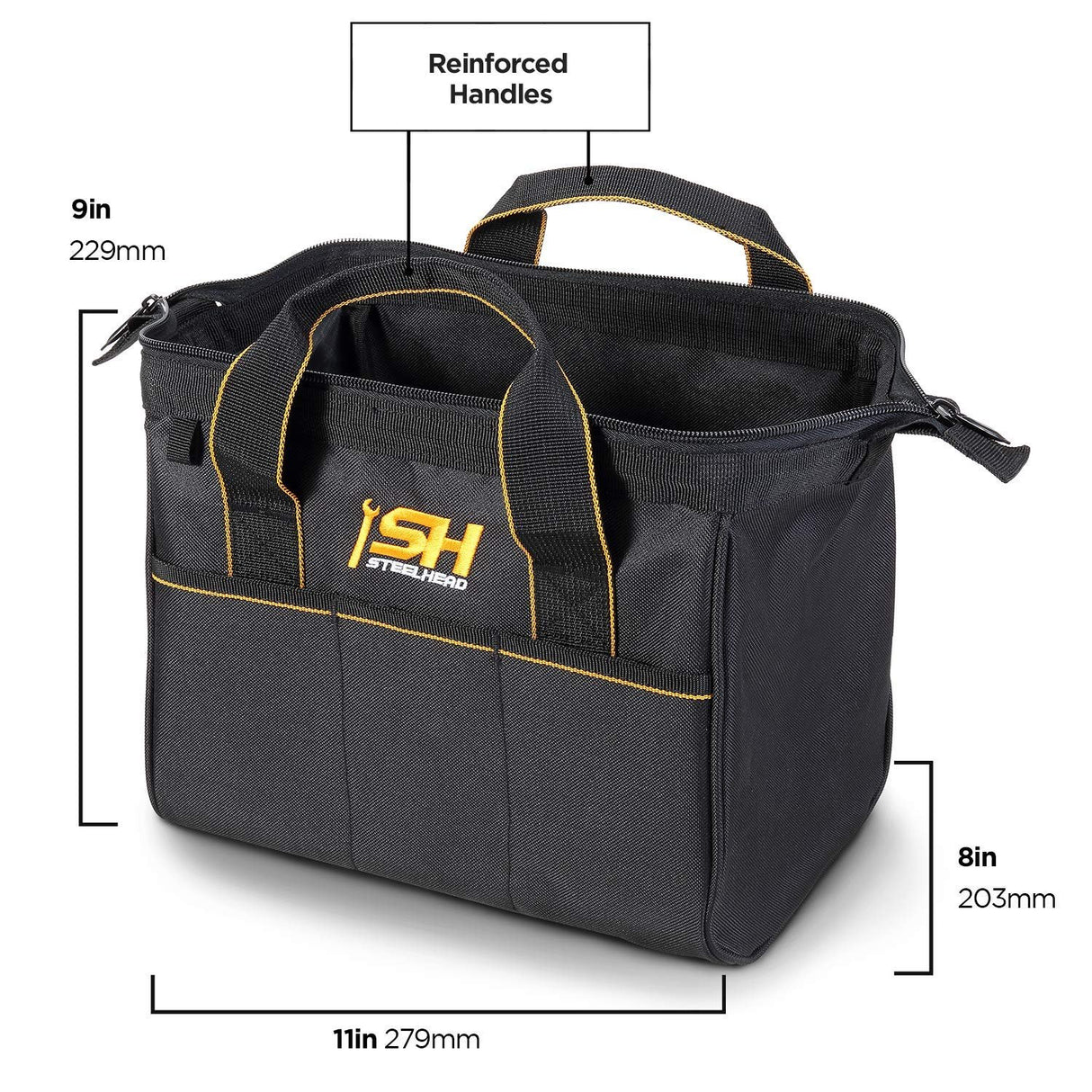 STEELHEAD 12-Inch Wide Mouth Tool Bag & Organizer, Reinforced Bottom, 4 Pockets, Water-Resistant, Heavy-Duty Zipper, Quick-Access Tool Attachment, Jobsite Ready: Electricians, Plumbers, Contractors