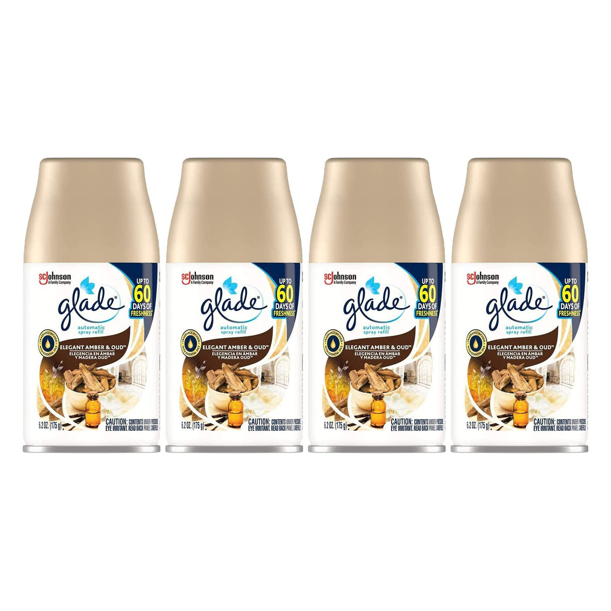 Glade Automatic Spray Air Freshener Refills, 6.2 Ounce Cans (Elegant Amber & Oud, 4 Spray Refills)