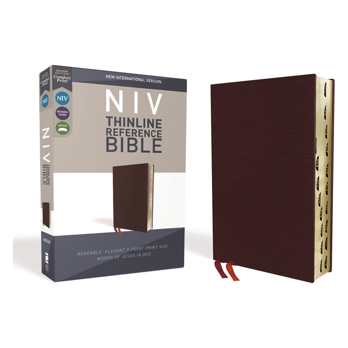 NIV, Thinline Reference Bible (Deep Study at a Portable Size), Bonded Leather, Burgundy, Red Letter, Thumb Indexed, Comfort Print [Bonded Leather] Zondervan