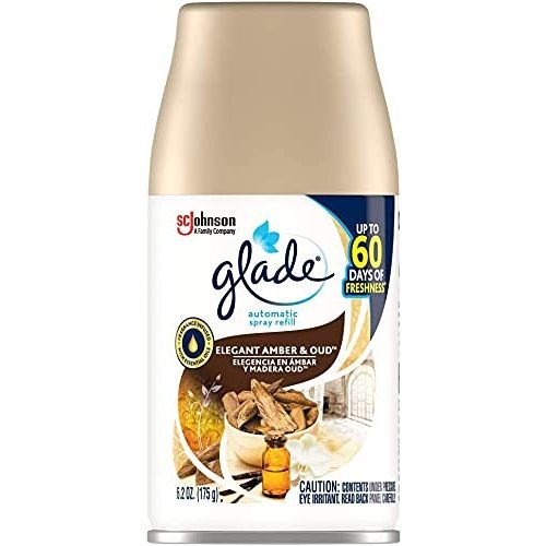 Glade Automatic Spray Air Freshener Refills, 6.2 Ounce Cans (Elegant Amber & Oud, 4 Spray Refills)