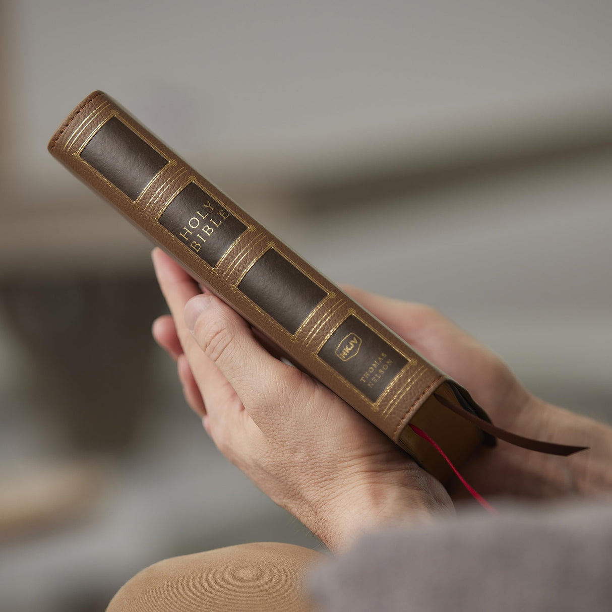 NKJV, Compact Center-Column Reference Bible, Brown Leathersoft, Red Letter, Comfort Print (Thumb Indexed) [Imitation Leather] Thomas Nelson