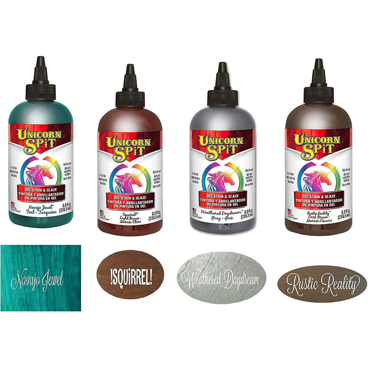 Unicorn SPiT Gel Stain and Paint New Color Complete Fall 2017 Collection - Squirrel, Navajo Jewel, Weathered Daydream and Rustic Reality 8 oz Bottles